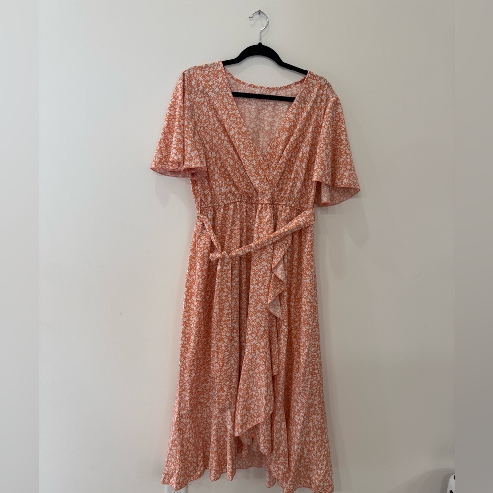 SHEIN Peach Floral Wrap Midi Dress